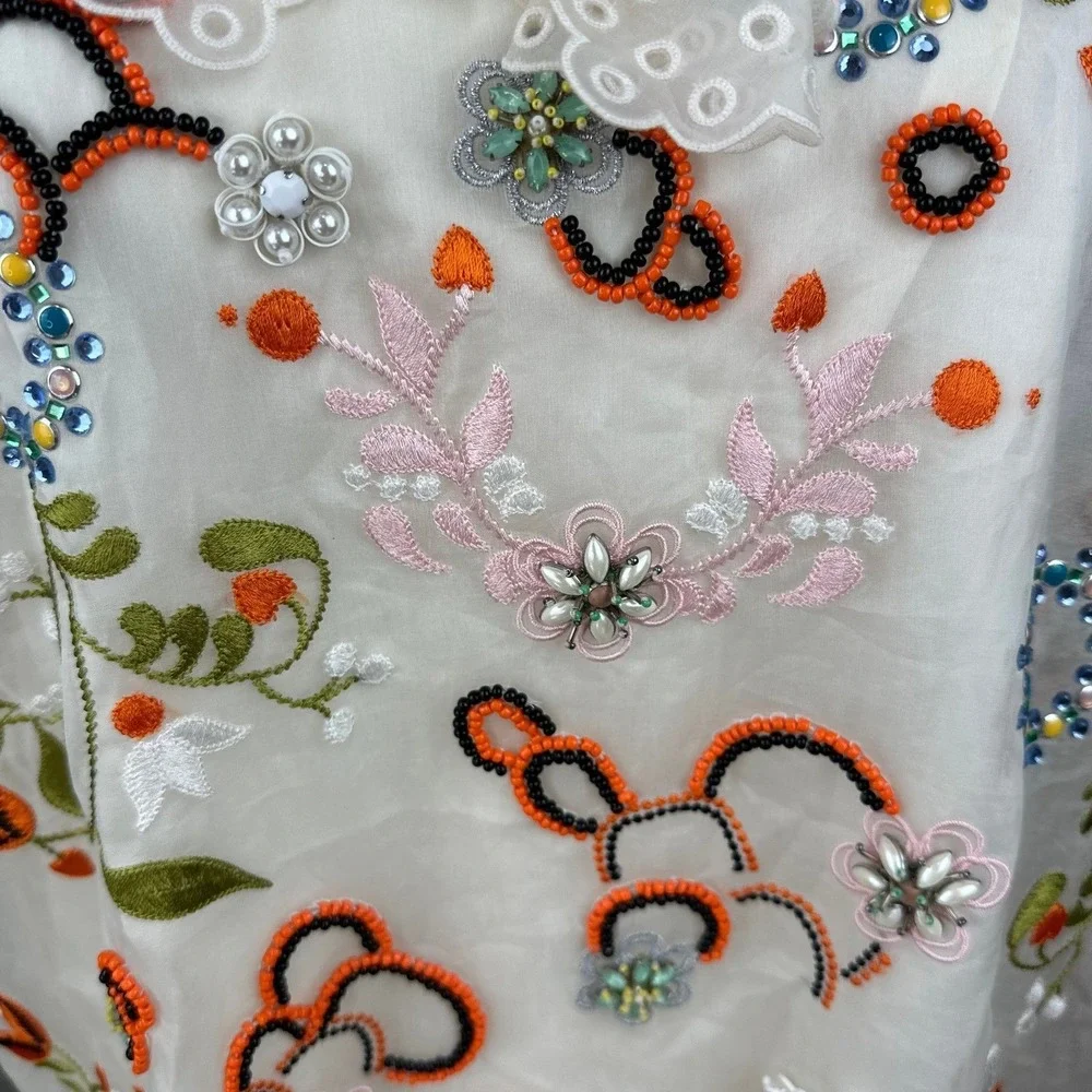 Tory Burch SZ 12 Floral‎ Embroidered Beaded Silk Top Lace Peter Pan Collar Ivory